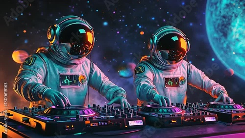 Two astronauts DJing in a vibrant cosmic setting with planets and colorful nebulae in the background
