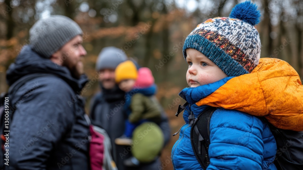 Fototapeta premium Parents enjoy a joyful day outdoors as their children ride on their shoulders, capturing a moment of family fun and adventure.