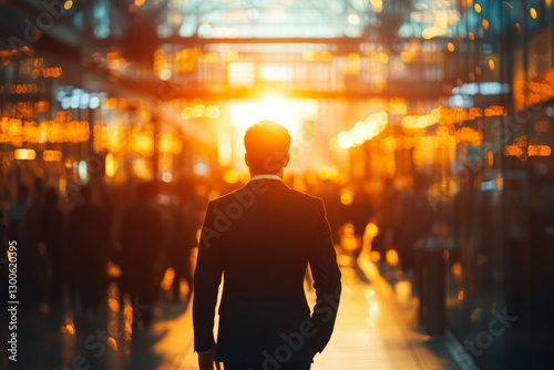 Man walking through a busy terminal with sunlight illuminating the bustling scene during sunset