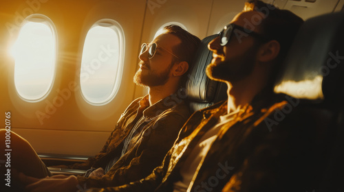 Stylish Men Enjoying Luxury Air Travel in First Class