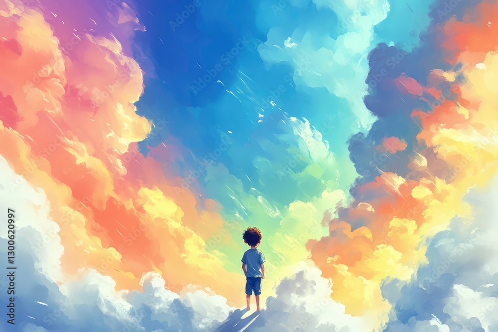 Bright, fluffy clouds in rainbow colors floating in a magical sky, with a small boy gazing in awe. Bright, fluffy clouds in rainbow colors floating in a magical sky, with a small boy gazing in awe.