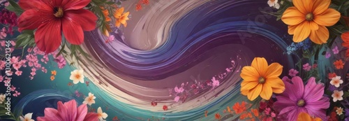 Colorful floral patterns swirl around a serene abstract background,  watercolor,  colorful