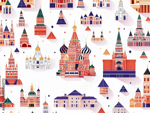 Colorful russian architecture pattern with iconic landmarks and geometric designs