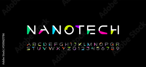 Font digital cyber alphabet, cyberpunk letters A, B, C, D, E, F, G, H, I, J, K, L, M, N, O, P, Q, R, S, T, U, V, W, X, Y, Z and futuristic numerals 0, 1, 2, 3, 4, 5, 6, 7, 8, 9, vector illustration