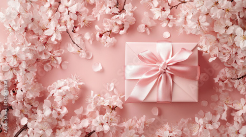 Elegant Pink Gift Box with Satin Ribbon and Blossoms