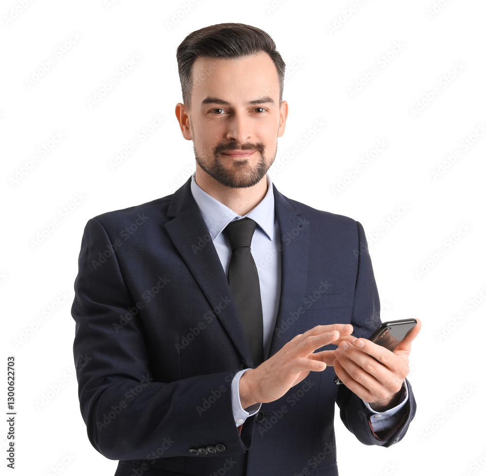 Handsome businessman using mobile phone on white background Handsome businessman using mobile phone on white background