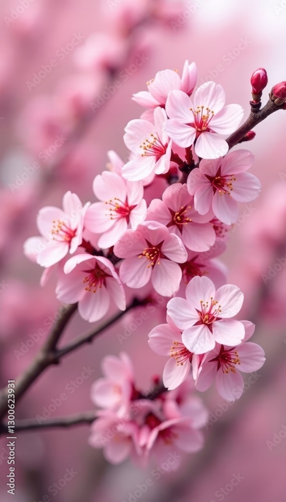 Obraz premium Pink cherry blossom tree in full bloom against a soft, natural background , fresh, japanese