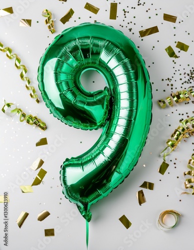 Green balloon number 9 for ninth birthday or anniversary party. White background with confetti