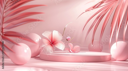 Pink Paradise: Serene Floral Display with Tropical Leaves