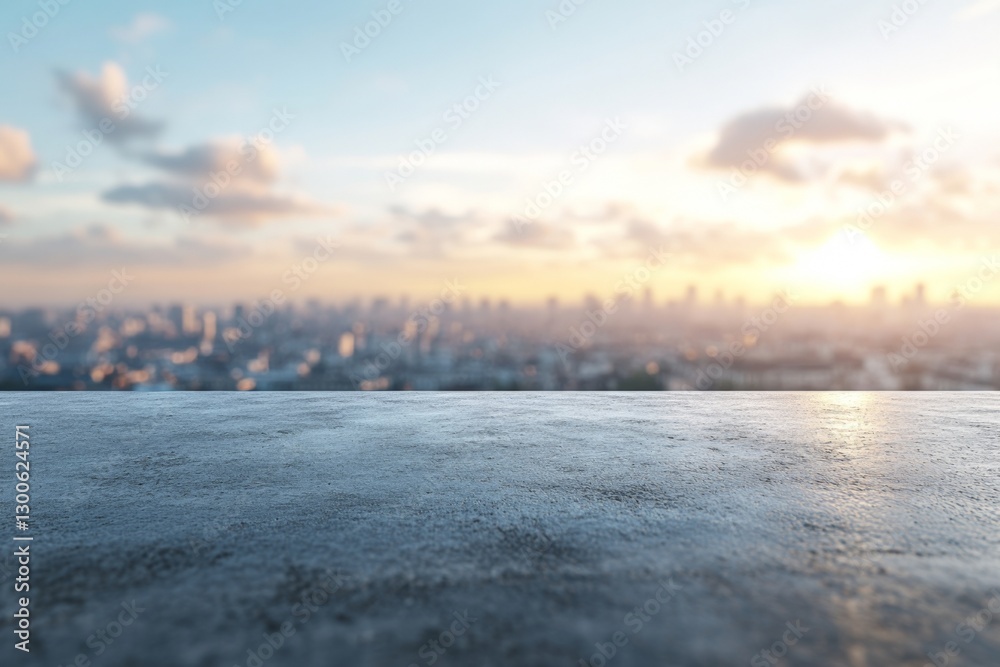 Fototapeta premium Stunning city skyline view at sunset featuring a textured surface in the foreground