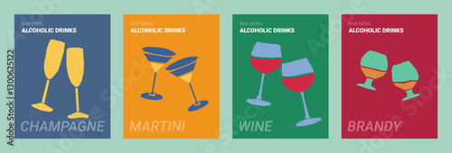 Bar menu. Alcoholic drinks. Wine, champagne, brandy and martini glass. Color poster collection. Vector illustration set