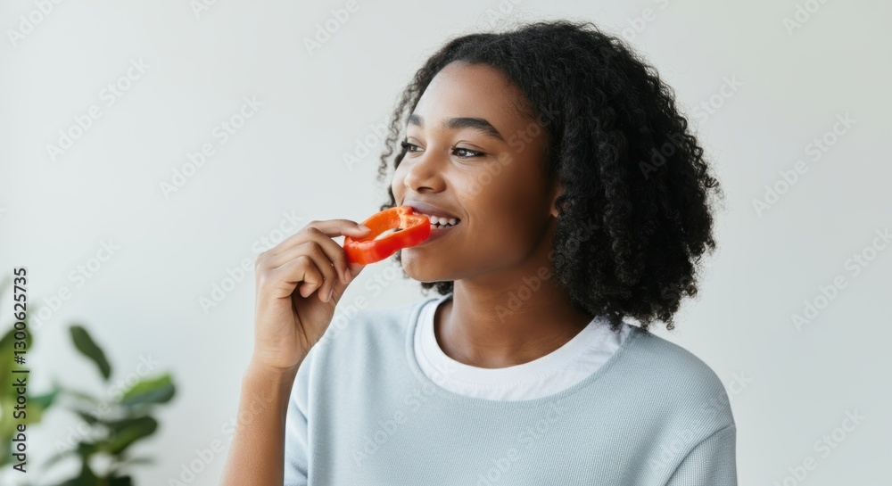 Young african female enjoying fresh bell pepper in casual setting Young african female enjoying fresh bell pepper in casual setting
