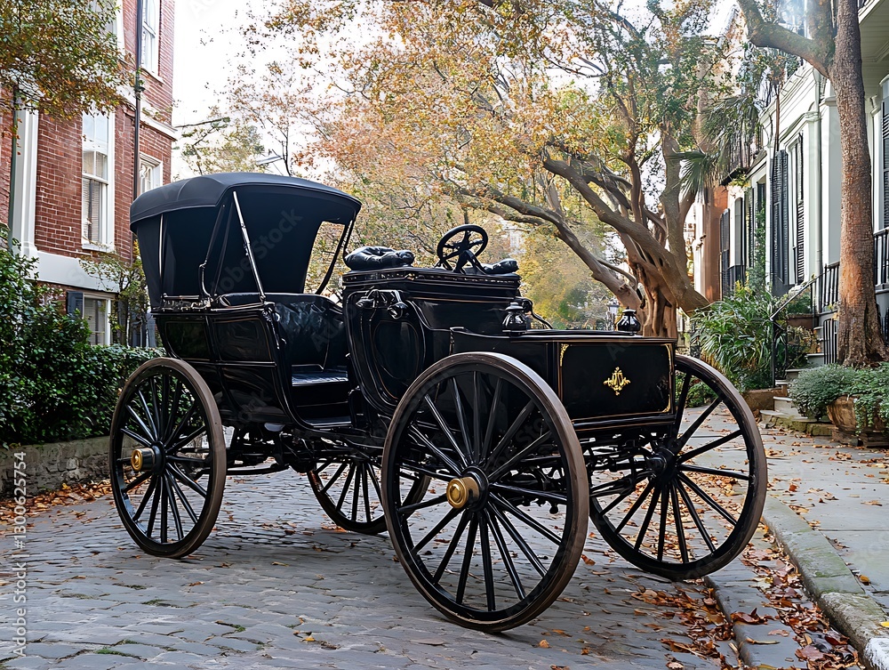 Fototapeta premium Antique car, cobblestone street, autumn
