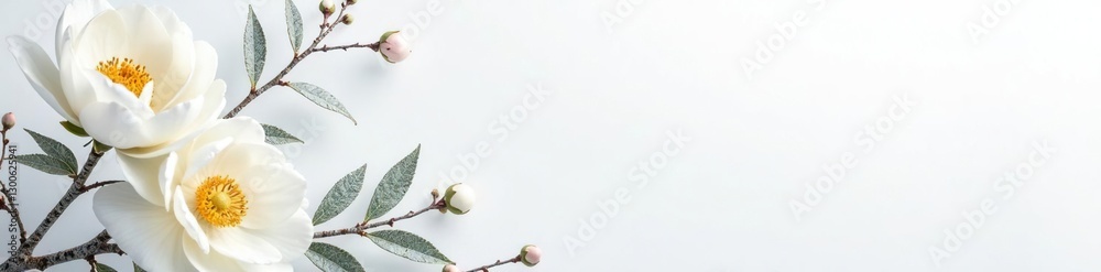 Fototapeta premium White peonies and frosted birch branches against a clean white background, winter, frosty, birch