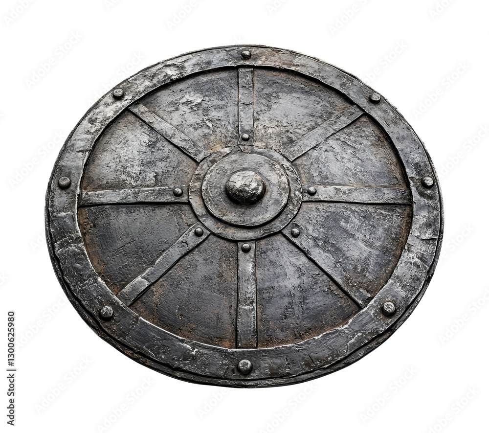 Antique round shield crafted from metal showcasing intricate designs and historical significance for display or decor in any setting, cut out Antique round shield crafted from metal showcasing intricate designs and historical significance for display or decor in any setting, cut out