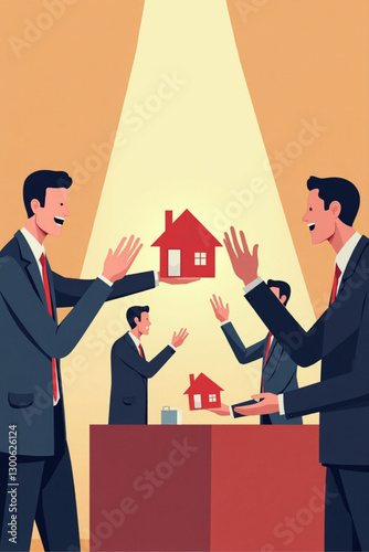 Real Estate Auction Scene, Buyers Bidding on Property, Competitive Bidding and Property Sale Concept