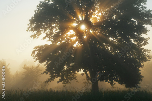 Early morning in the forest. Sun rays, oak tree.