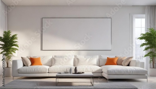 Modern white living room with a large sofa and a bright poster on the wall,  decorative elements,  interior design ideas,  living rooms