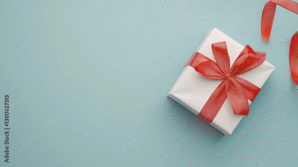 Obraz premium Red ribbon gift box on blue background, confetti