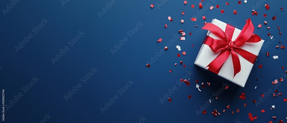 Fototapeta premium Red ribbon gift box on blue background with confetti