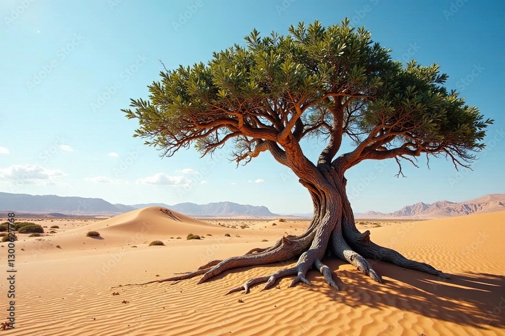 Ancient tree with gnarled trunk and twisted branches, desert, desert landscape Ancient tree with gnarled trunk and twisted branches, desert, desert landscape