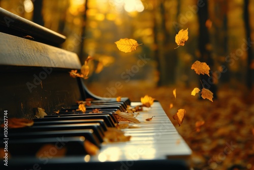 Piano keys dissolving to falling autumn leaves in dappled forest light