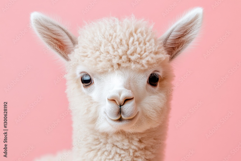 Obraz premium Cute young alpaca with fluffy coat and bright eyes against a soft pink background in a serene setting