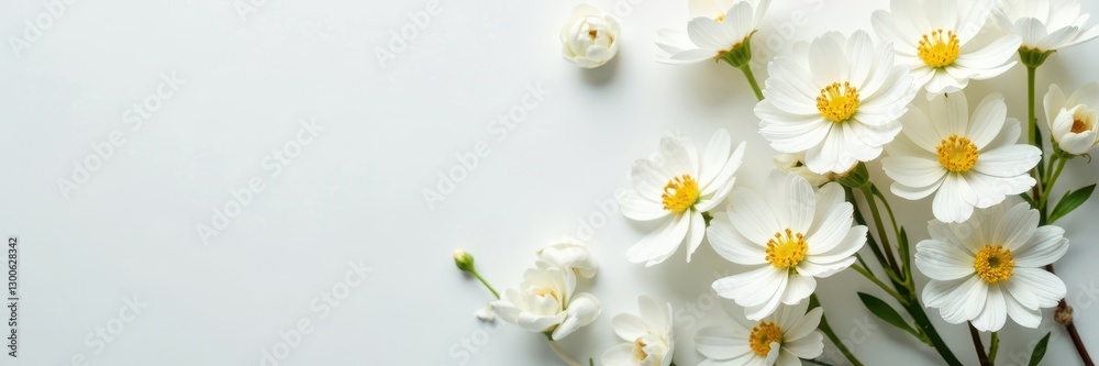Fototapeta premium Scattered white spring blooms create a minimalist floral flatlay , floral, elegant