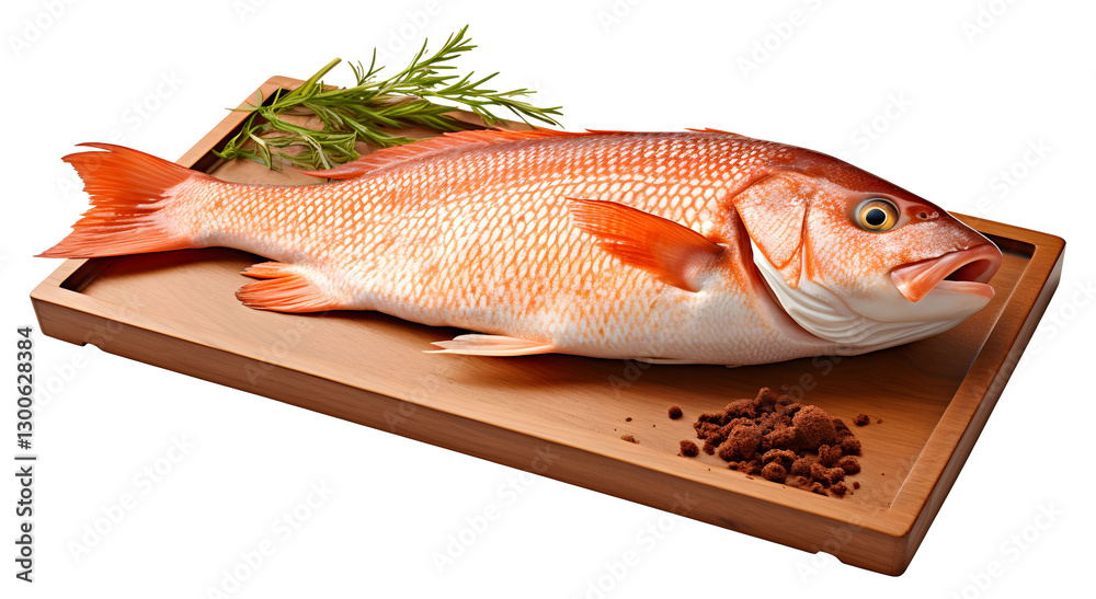 Freshly caught red snapper on a wooden board with herbs and seasoning Freshly caught red snapper on a wooden board with herbs and seasoning