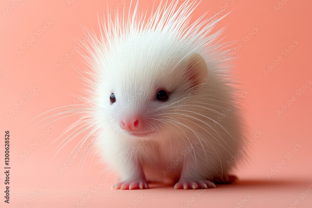 White hedgehog with soft spikes sits on a pastel background, capturing attention with its adorable features and bright appearance