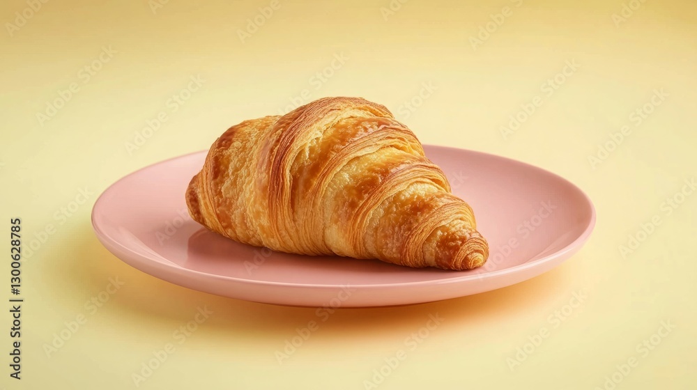 Golden-brown croissant on a pale pink plate. A delicious breakfast treat. Golden-brown croissant on a pale pink plate. A delicious breakfast treat.