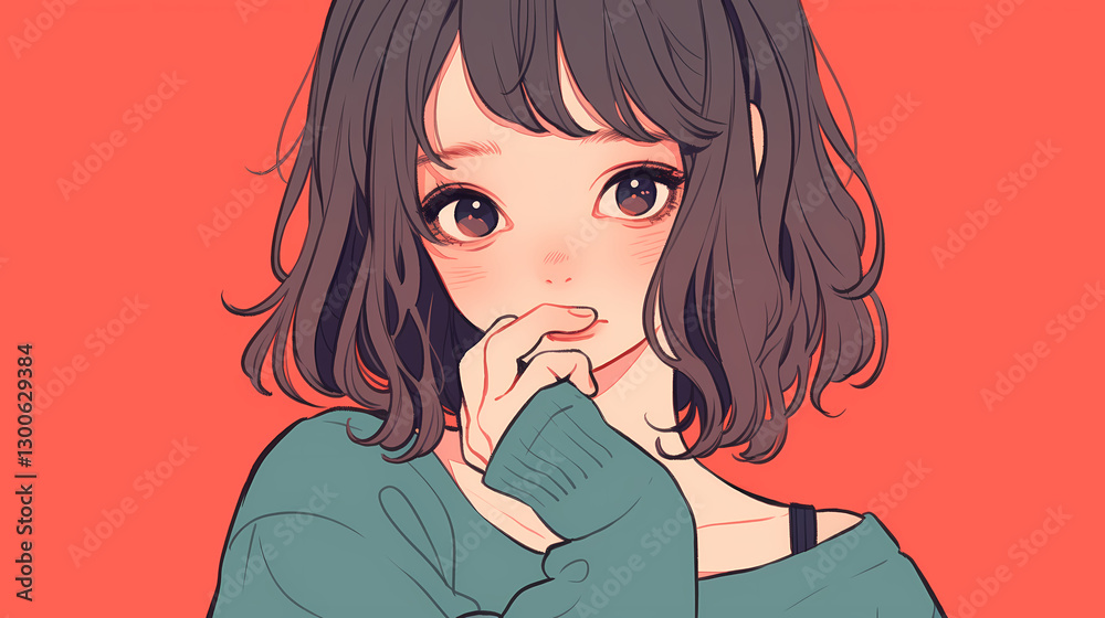 Young woman with short hair playfully biting her finger, set against a vibrant coral background Young woman with short hair playfully biting her finger, set against a vibrant coral background