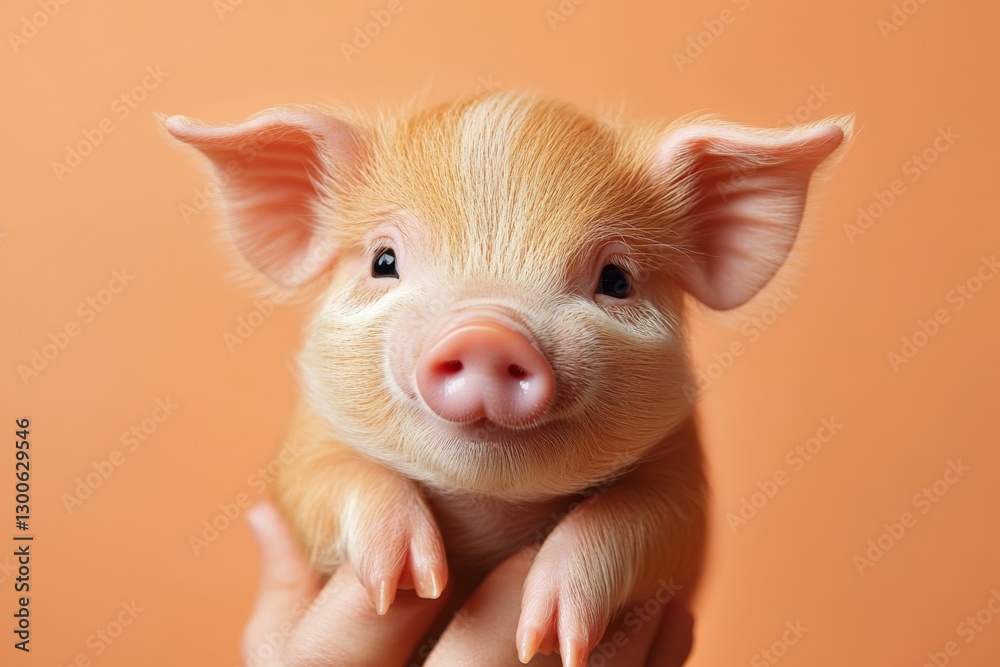 Fototapeta premium Cute piglet being held against a warm orange background while looking playfully at the camera