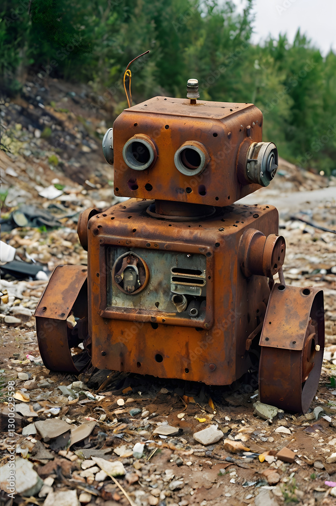 Rusty Robot: An aged and weathered rusty robot stands amidst a desolate landscape, evoking themes of decay, industrial relics, and technological history. Rusty Robot: An aged and weathered rusty robot stands amidst a desolate landscape, evoking themes of decay, industrial relics, and technological history.