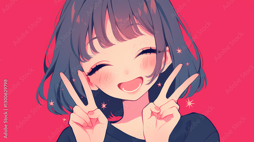 Cheerful young girl with short hair making peace signs against a vibrant pink background Cheerful young girl with short hair making peace signs against a vibrant pink background