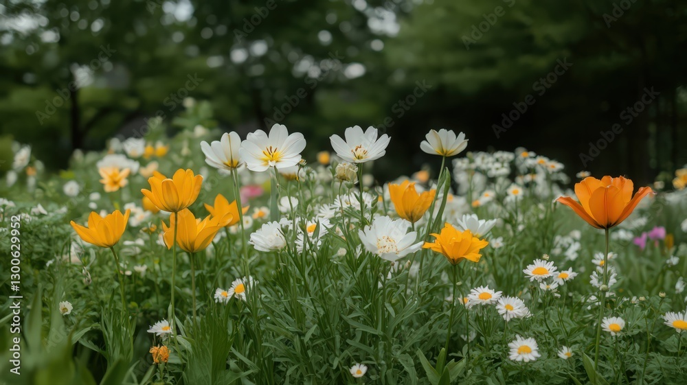 Orange and White Flowers in a Lush Green Field