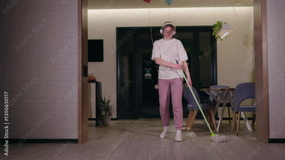 Spirited young woman dances freely with a mop, transforming cleaning into an energetic and joyful moment. Her enthusiasm and movement capture the essence of fun Spirited young woman dances freely with a mop, transforming cleaning into an energetic and joyful moment. Her enthusiasm and movement capture the essence of fun