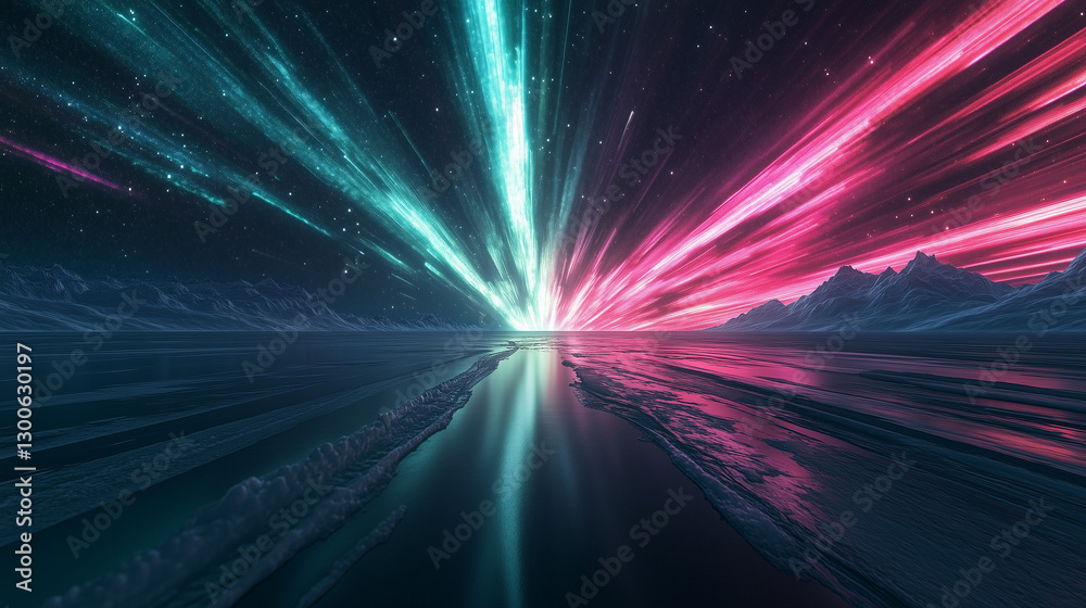 Surreal Arctic landscape illuminated by vibrant aurora borealis, with a mirror-like frozen lake reflecting mesmerizing pink and green lights Surreal Arctic landscape illuminated by vibrant aurora borealis, with a mirror-like frozen lake reflecting mesmerizing pink and green lights