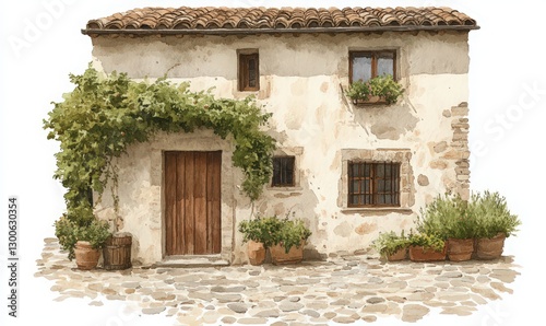 Fototapeta Naklejka Na Ścianę i Meble -  Rustic Stone Cottage with Climbing Vines and Terracotta Pots