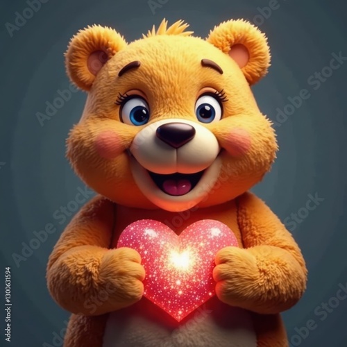 Smiling bear hugs sparkly chest, gray backdrop, kid art, celebration