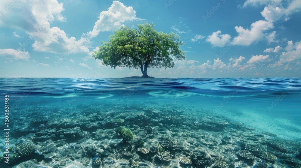 Serene underwater scene showcasing a solitary tree above vibrant coral reefs under a bright blue sky Serene underwater scene showcasing a solitary tree above vibrant coral reefs under a bright blue sky