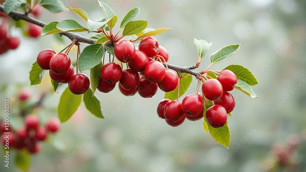 Branch of tree with ripe red cherries covered by mist, natural, flowers Branch of tree with ripe red cherries covered by mist, natural, flowers