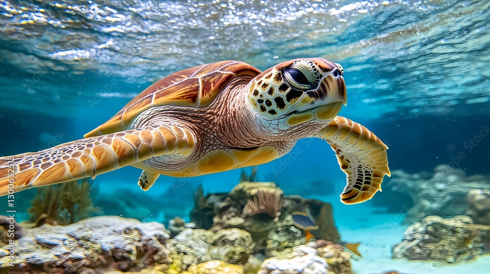 Fototapeta premium Hawksbill Sea Turtle Underwater Closeup - Underwater photography