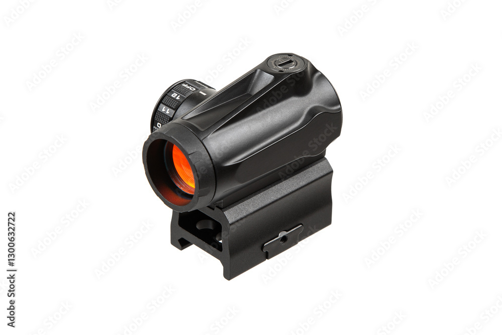 Tactical red dot sight in black with an orange lens, mounted on a rail, ideal for firearms to improve accuracy, isolated against a white background. Tactical red dot sight in black with an orange lens, mounted on a rail, ideal for firearms to improve accuracy, isolated against a white background.