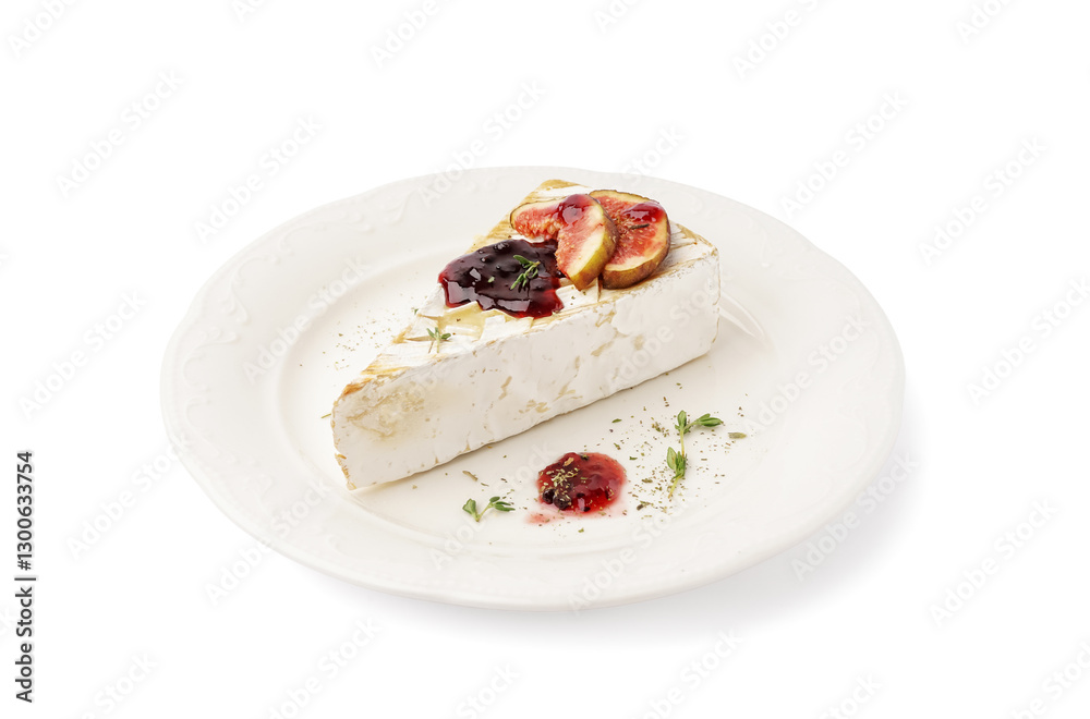 Plate with tasty baked Camembert cheese on white background Plate with tasty baked Camembert cheese on white background