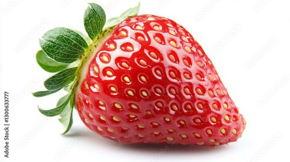 A single, ripe strawberry with vibrant red color and green leaves. Fresh and juicy. A single, ripe strawberry with vibrant red color and green leaves. Fresh and juicy.