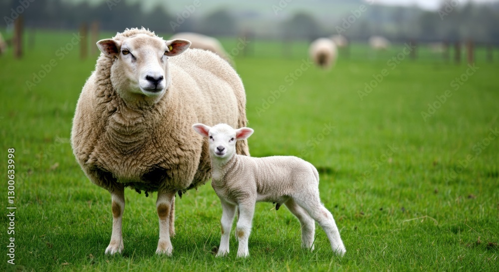 A mother sheep stands proudly beside her adorable lamb in a lush green field A mother sheep stands proudly beside her adorable lamb in a lush green field