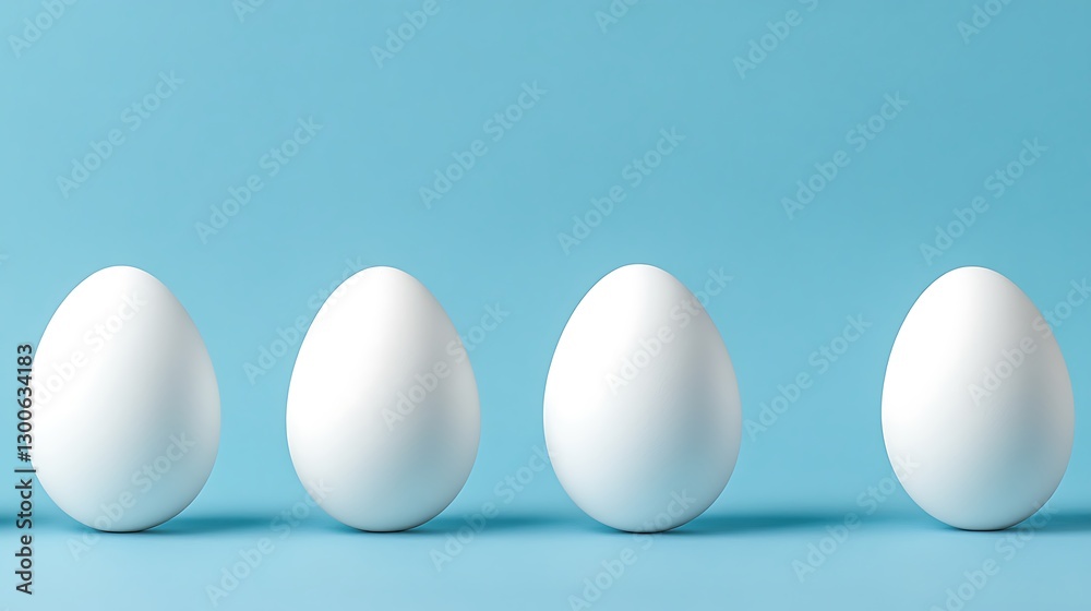 Five White Eggs in a Row Against a Light Blue Background AI Generated Five White Eggs in a Row Against a Light Blue Background AI Generated