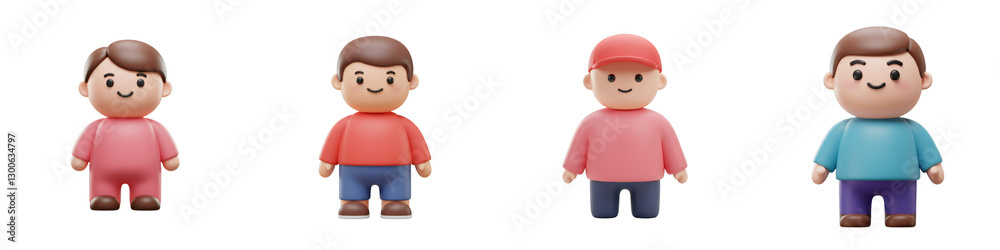 Four Cute Cartoon Boys in Various Outfits on Transparent Background Four Cute Cartoon Boys in Various Outfits on Transparent Background
