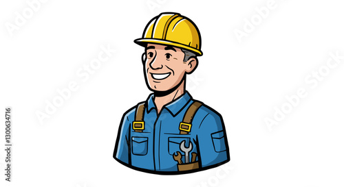 Friendly cartoon construction worker with hard hat.